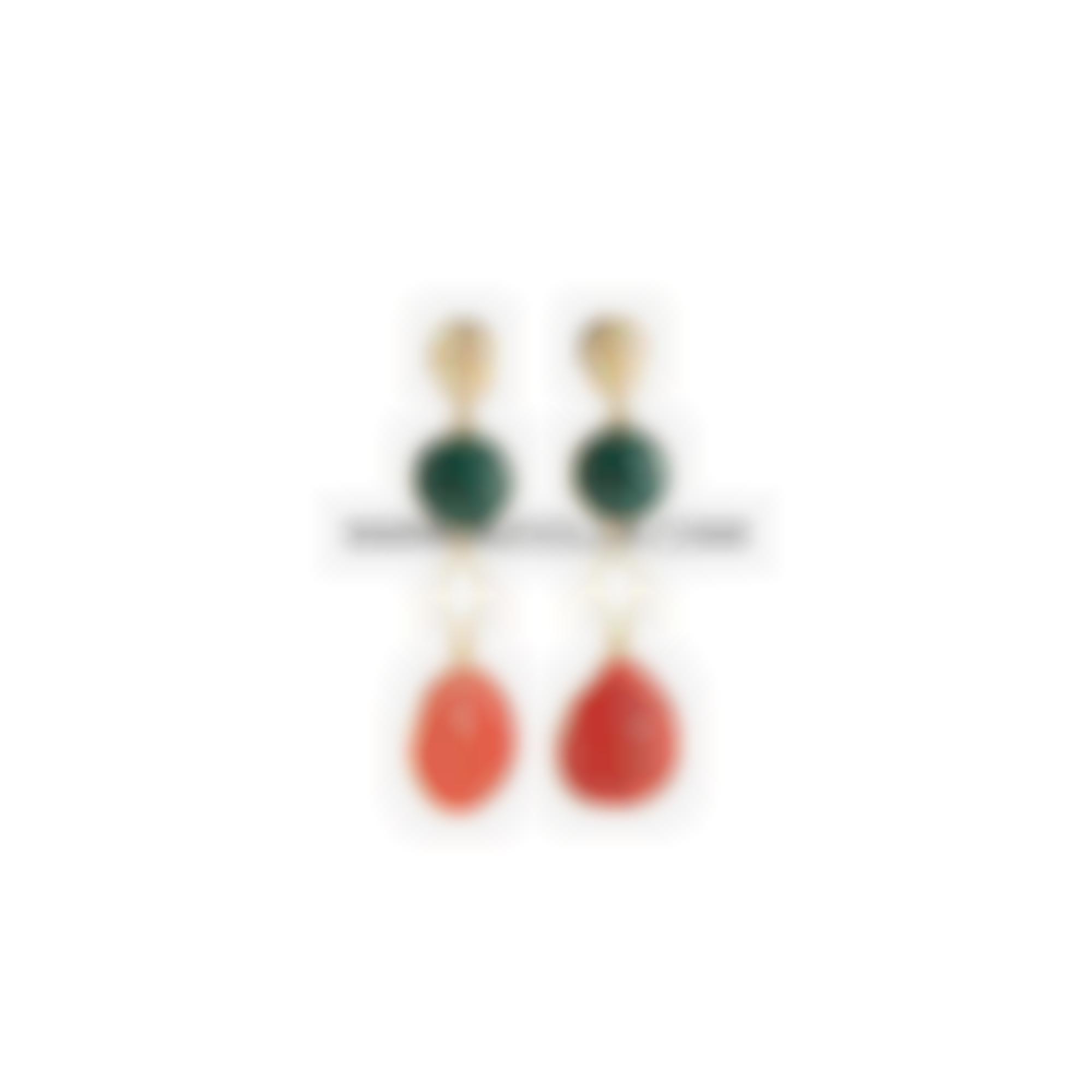 Earrings set in silver with green agate and natural red coral