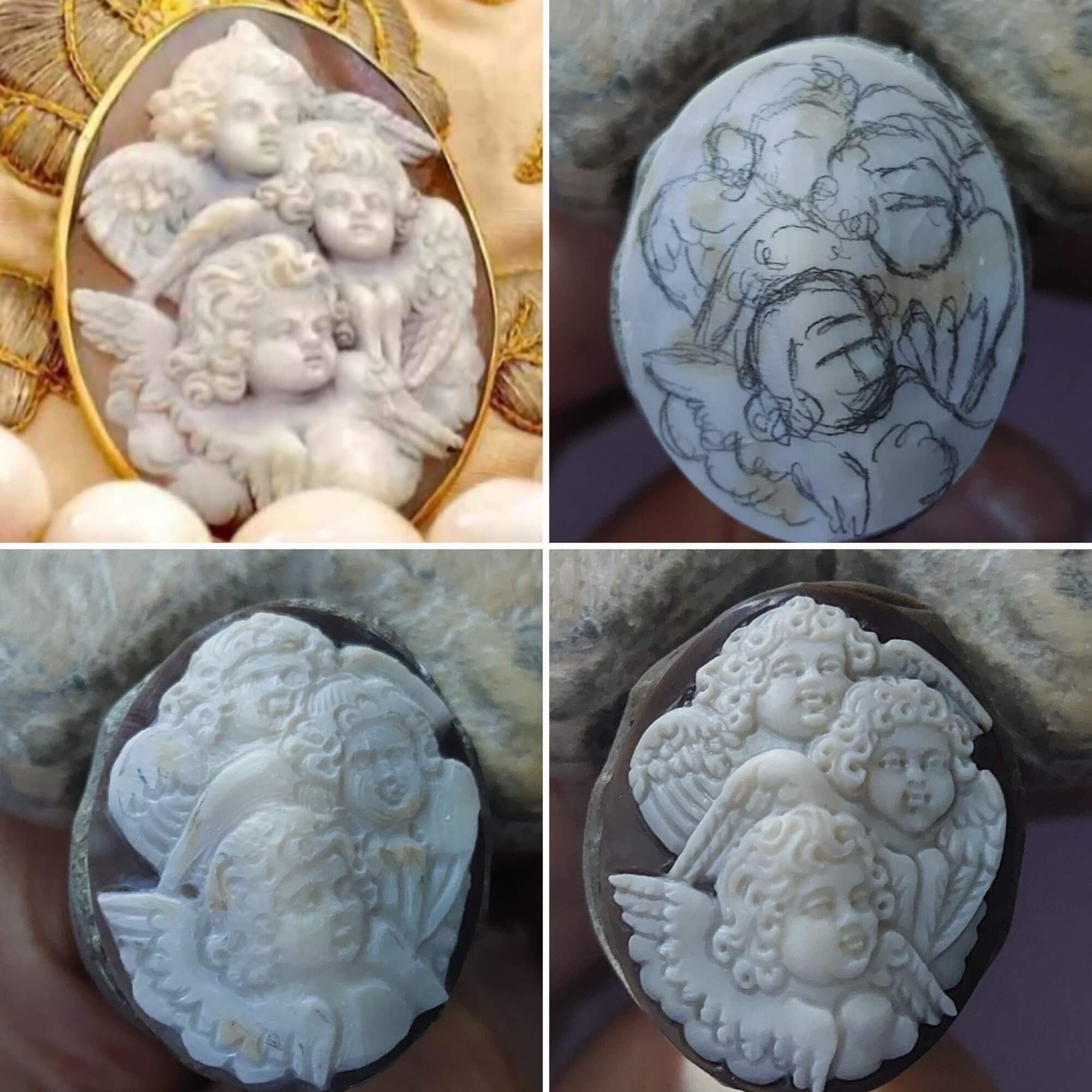 Angels carved on natural seashell 