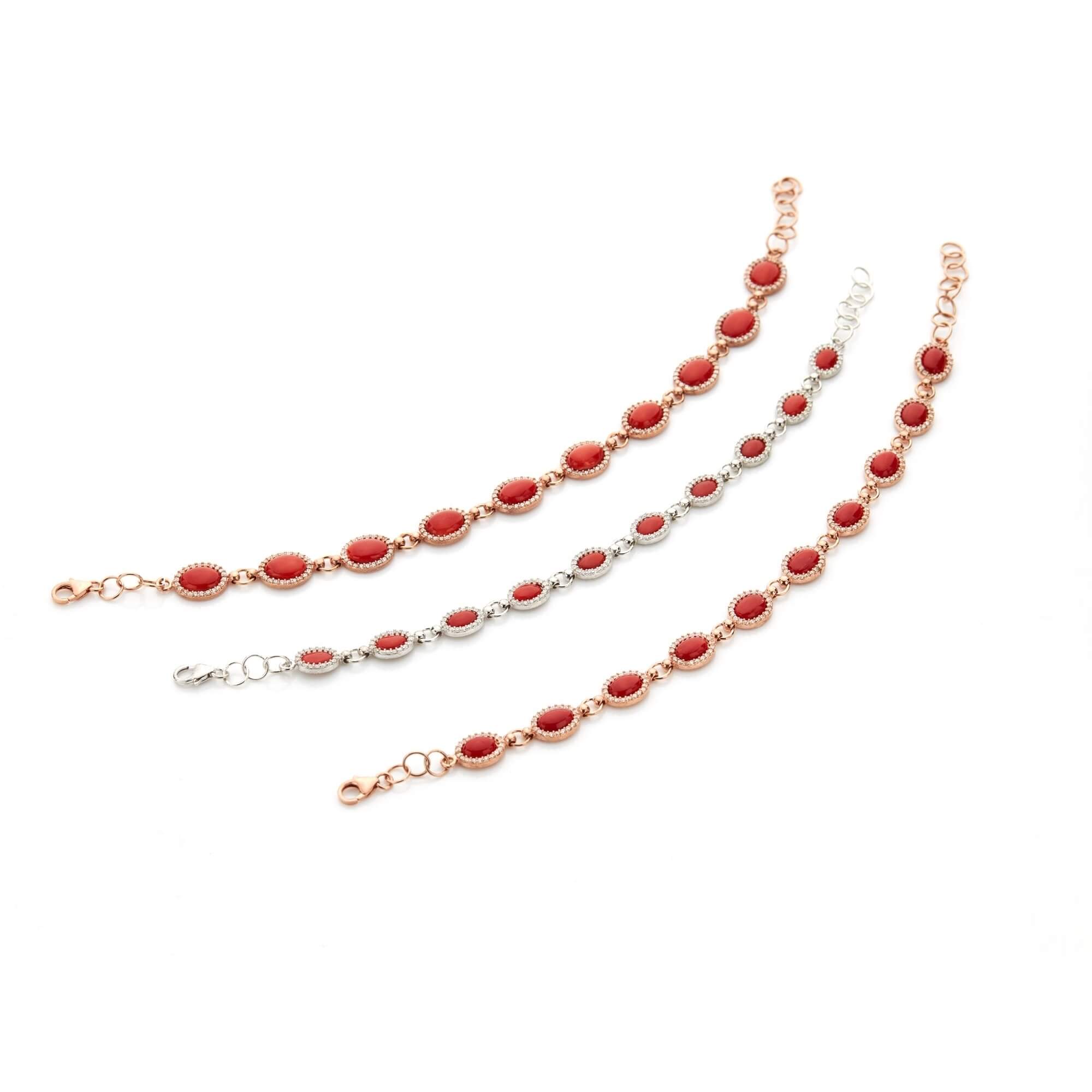 Silver bracelets with pink red coral cabochones