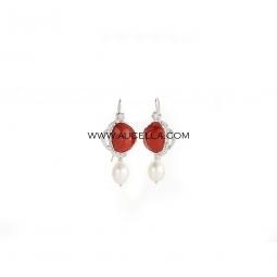 Earrings set in silver with natural coral and pearls