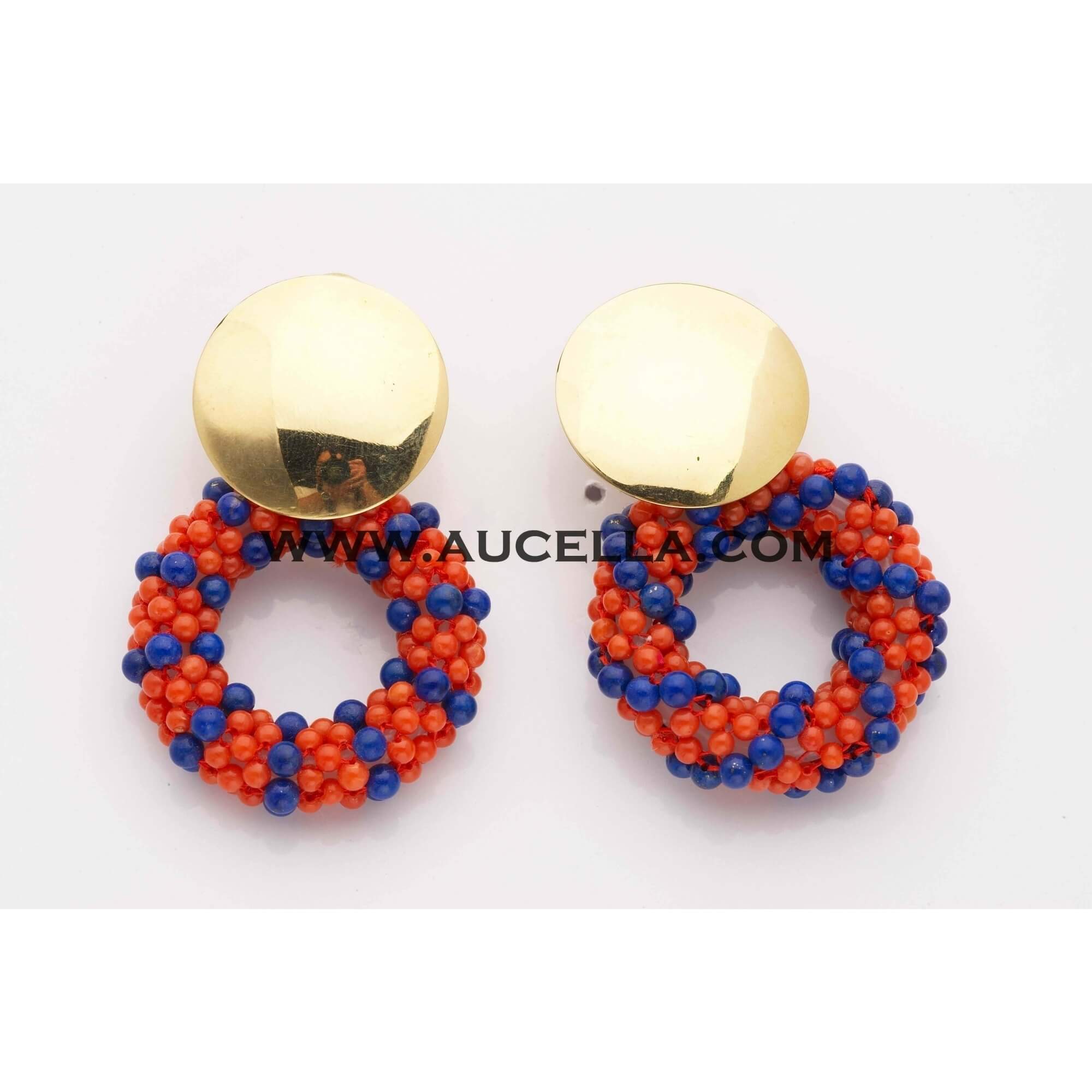 Earrings set in gold with coral and lapis