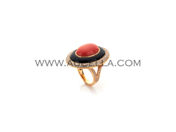 Anello oro giallo corallo e onice con di