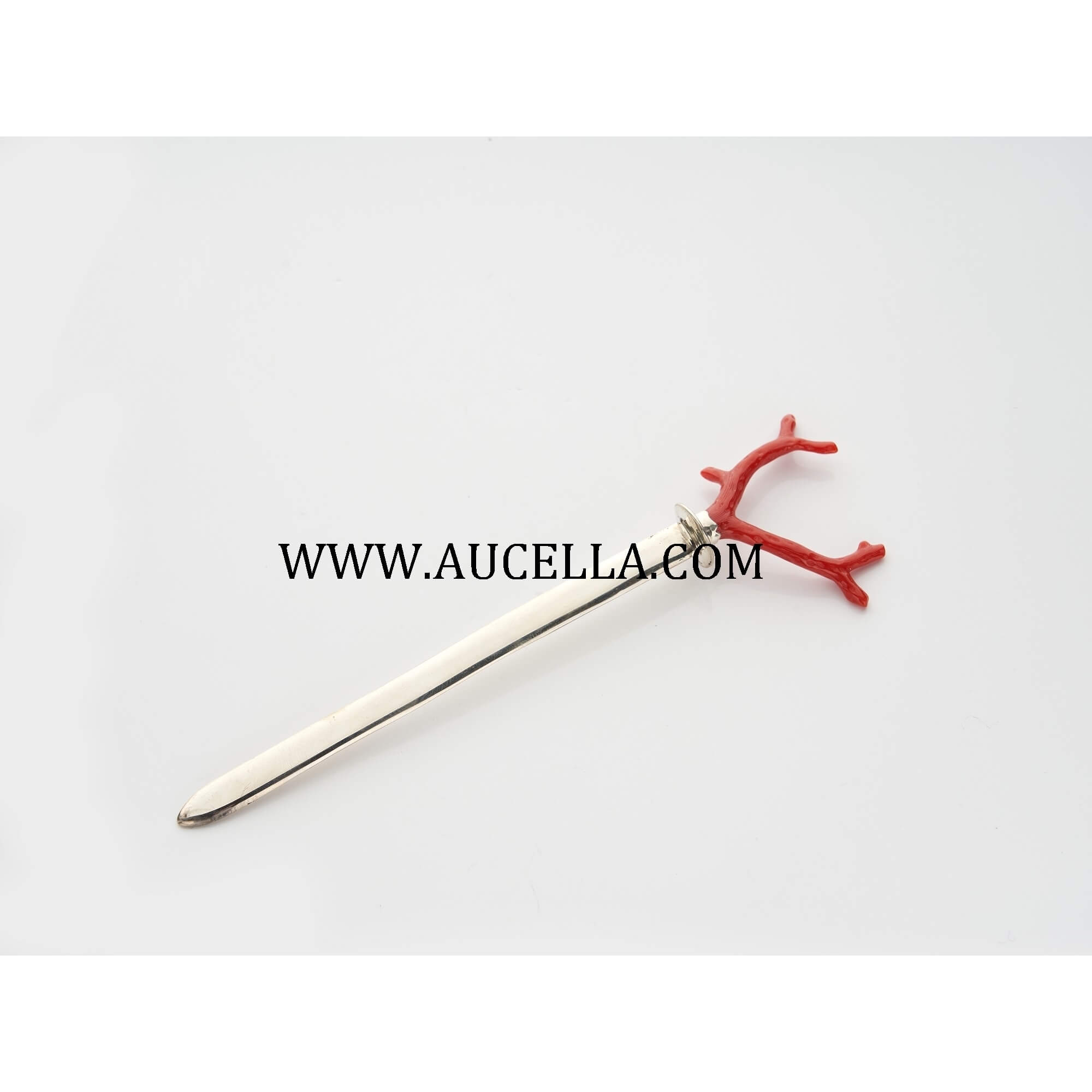 Paperknife set in silver with natural red coral